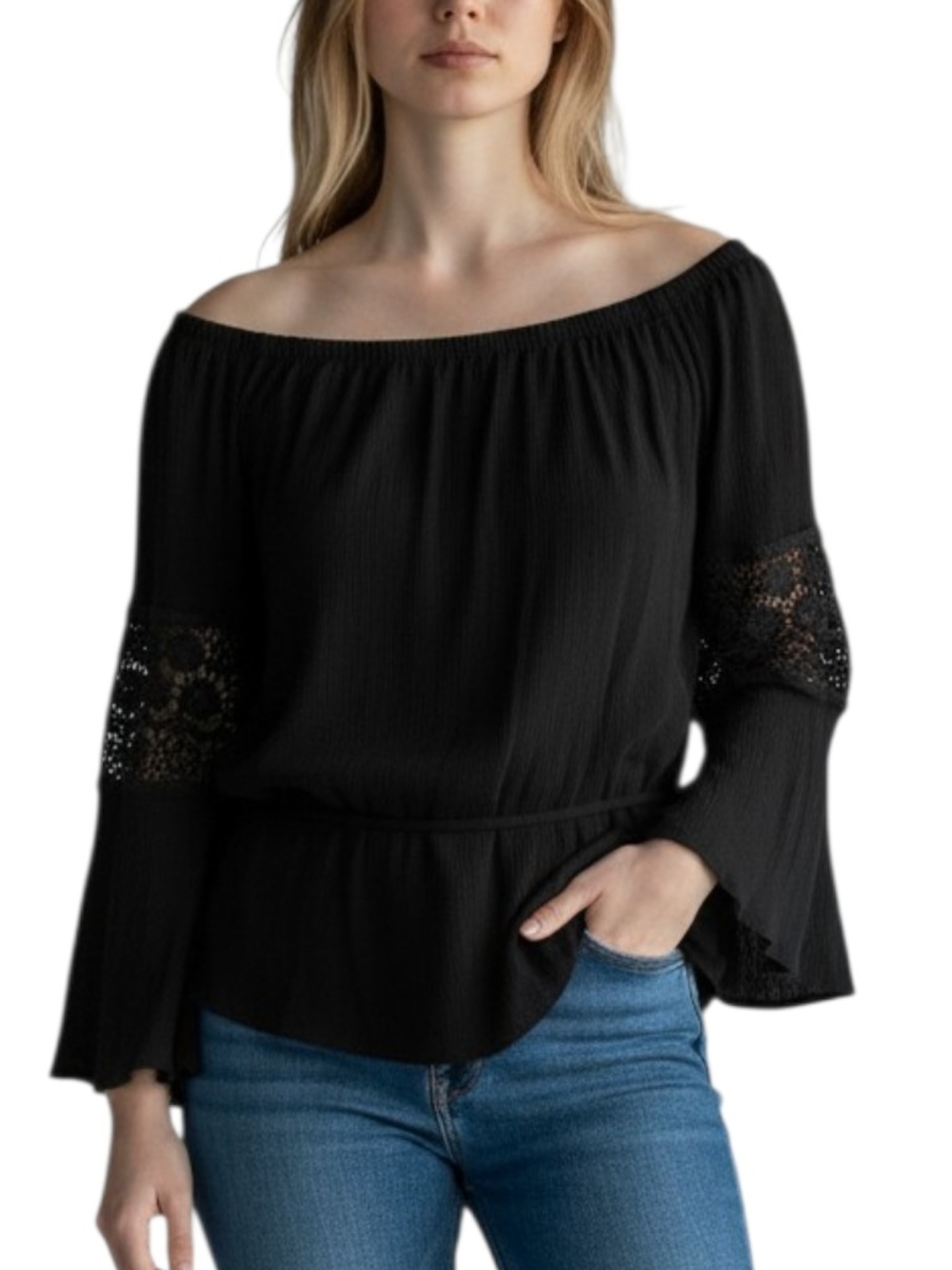 Coco & Shay Black Off Shoulder Lace Sleeve Top Whimsigoth Witchy Festival Large
